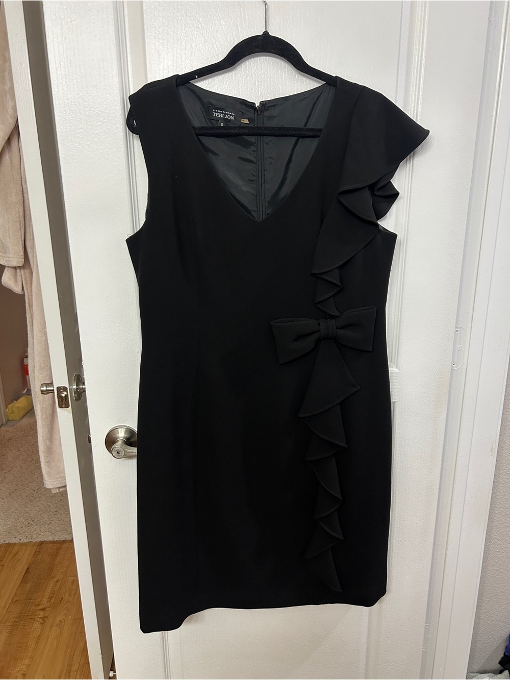 Teri Jon Black V-Neck Ruffle Sheath Dress with Bow